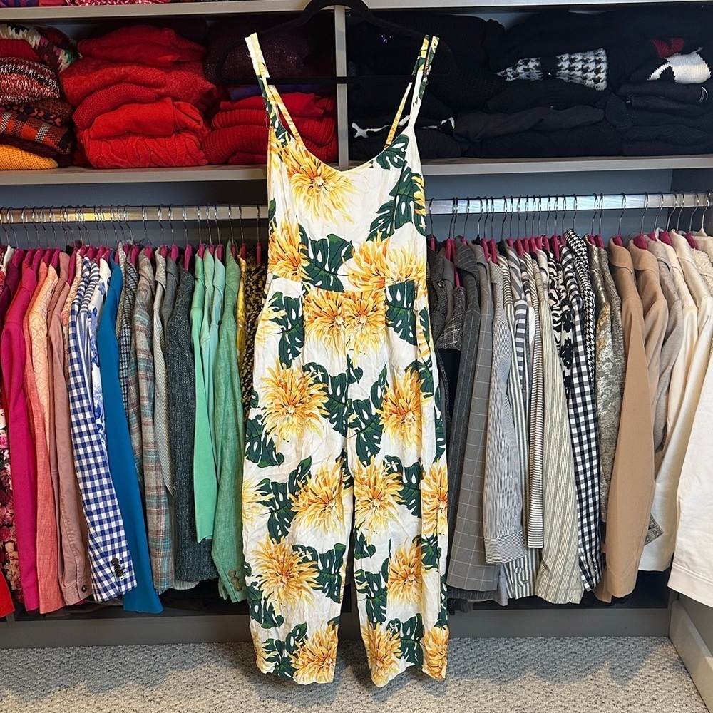 Zara white/yellow/green floral adjustable strap back zipper jumpsuit size S